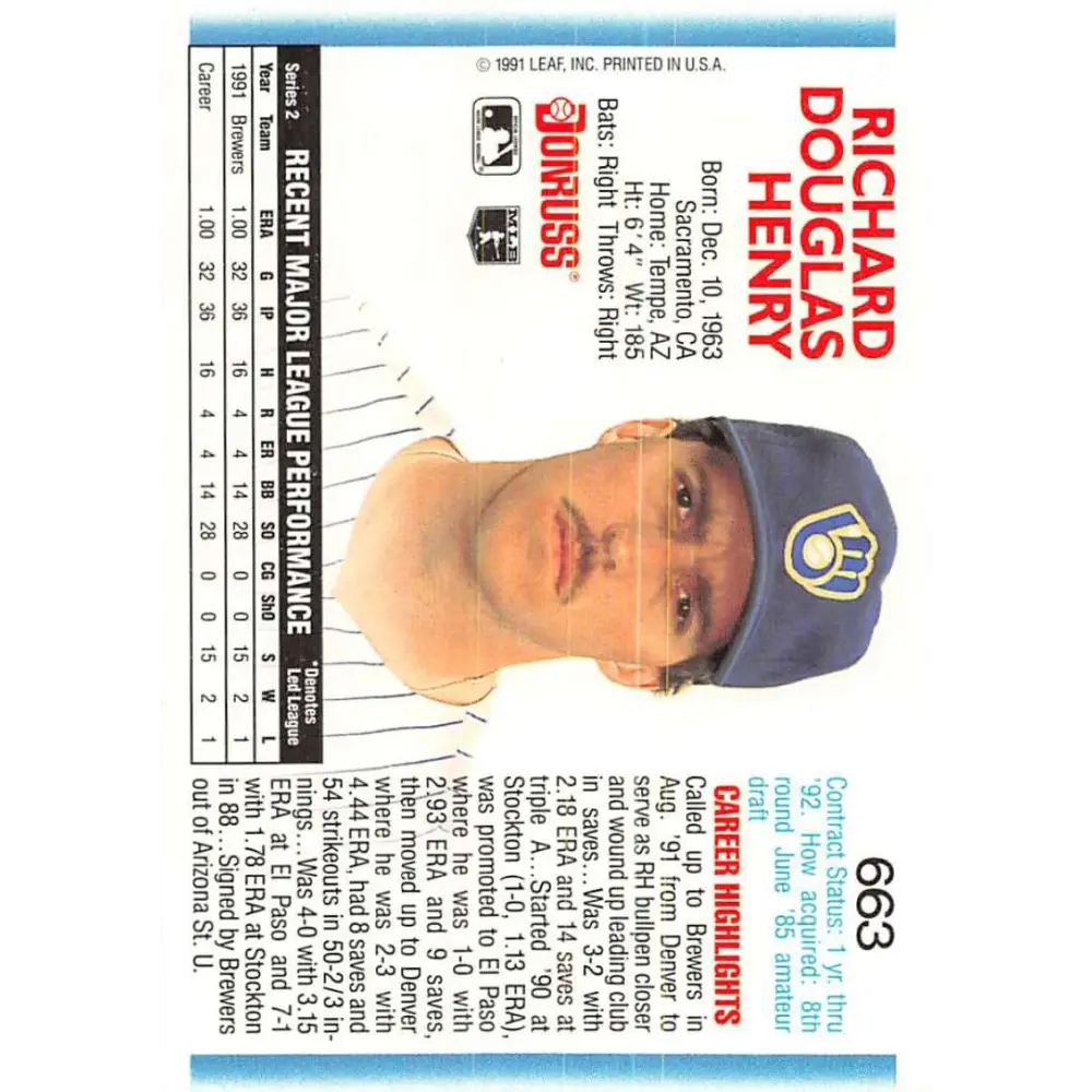 1992 Donruss #663 Doug Henry NM-MT RC Rookie Milwaukee Brewers Baseball Card Image 2
