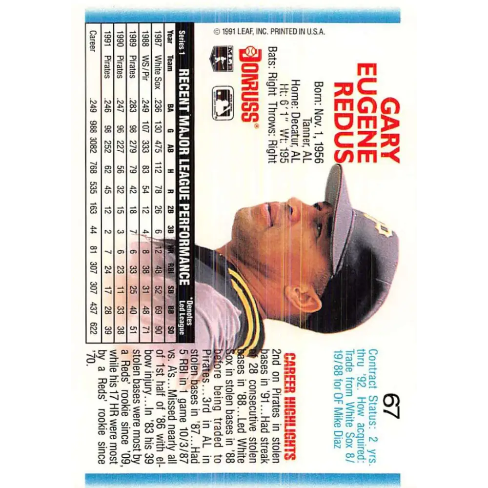 1992 Donruss #67 Gary Redus NM-MT Pittsburgh Pirates Baseball Card Image 2