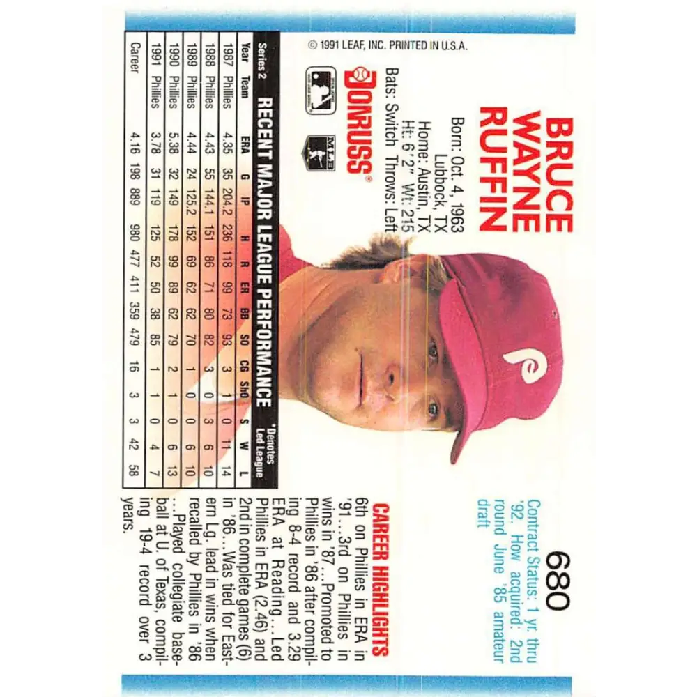 1992 Donruss #680 Bruce Ruffin NM-MT Philadelphia Phillies Baseball Card Image 2