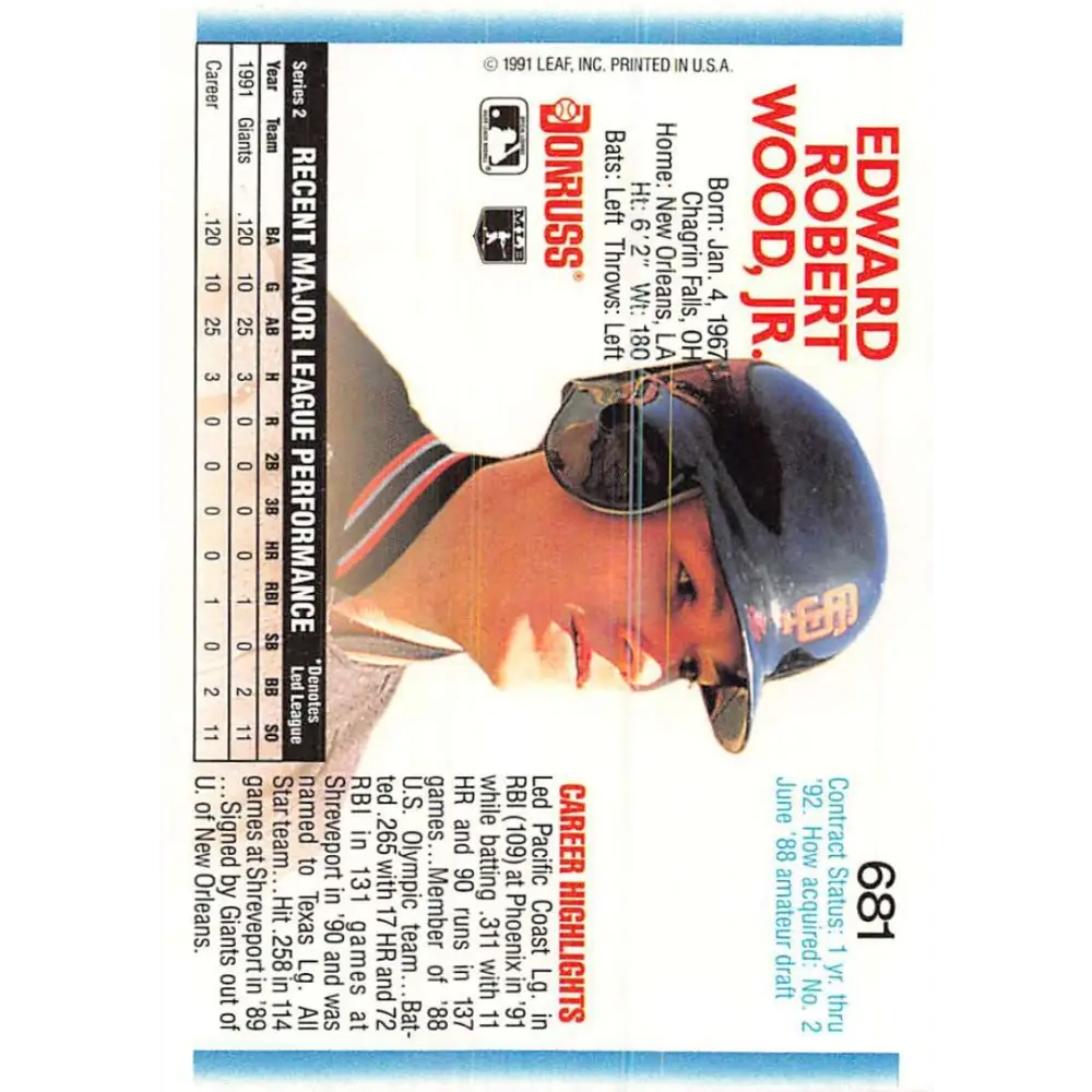 1992 Donruss #681 Ted Wood NM-MT San Francisco Giants Baseball Card Image 2