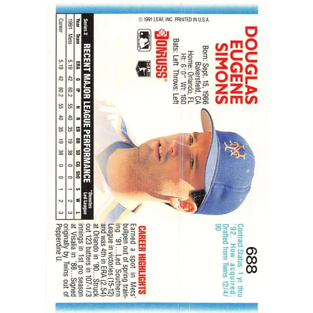 1992 Donruss #688 Doug Simons NM-MT New York Mets Baseball Card Image 2