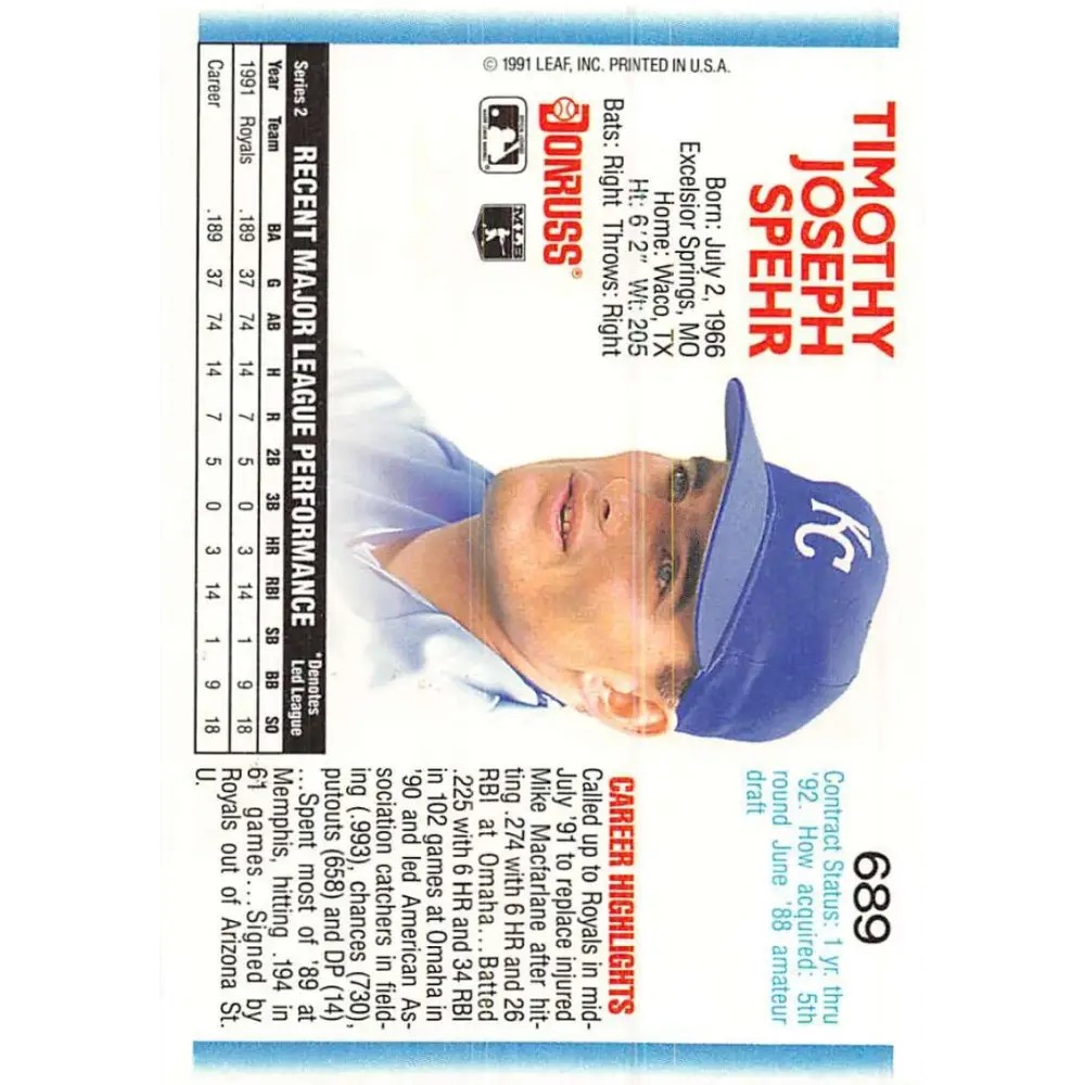 1992 Donruss #689 Tim Spehr NM-MT Kansas City Royals Baseball Card Image 2