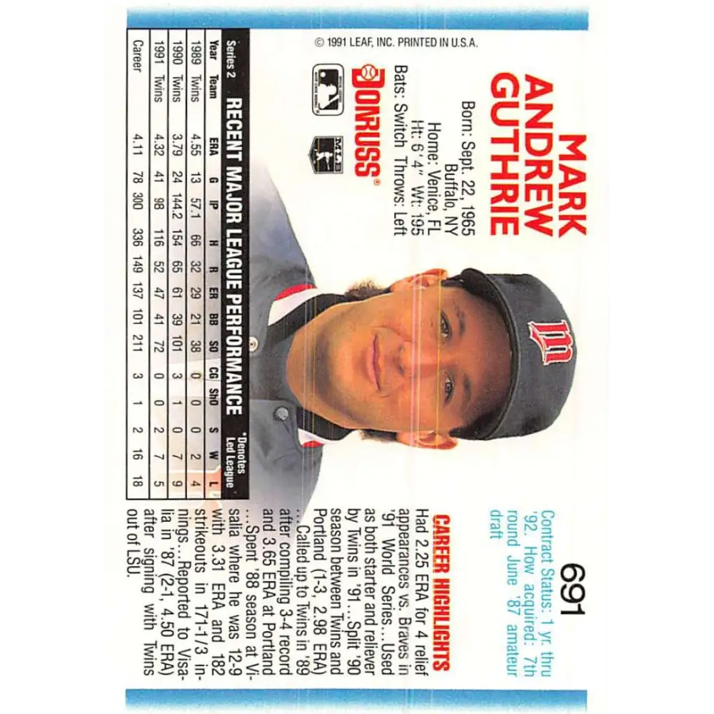 1992 Donruss #691 Mark Guthrie NM-MT Minnesota Twins Baseball Card Image 2
