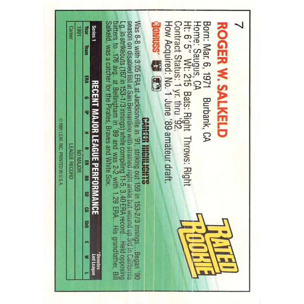 1992 Donruss #7 Roger Salkeld RR NM-MT Seattle Mariners Baseball Card Image 2