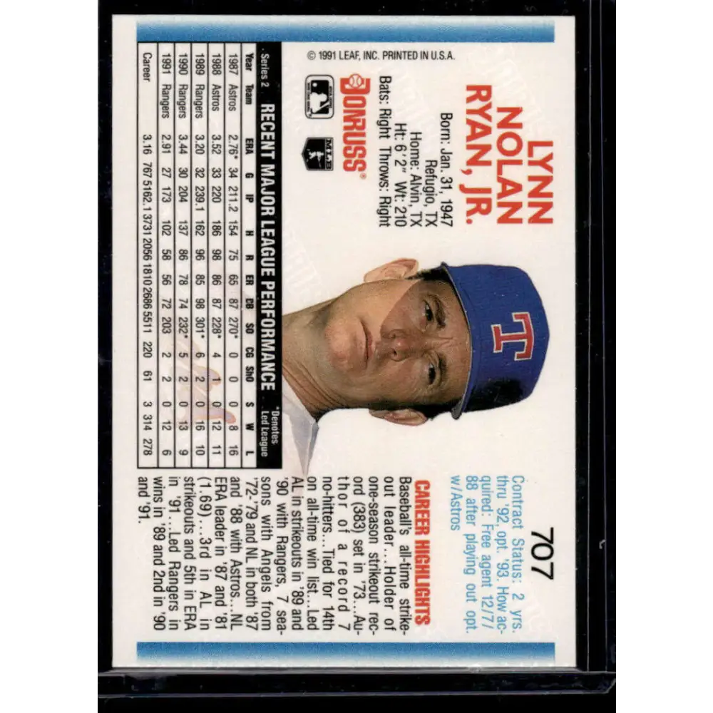 1992 Donruss #707 Nolan Ryan Texas Rangers NM-MT Baseball Card Image 2