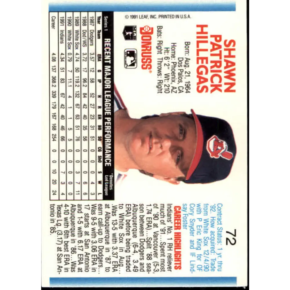 1992 Donruss #72 Shawn Hillegas NM-MT Cleveland Indians Baseball Card Image 2