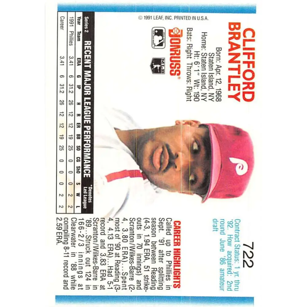 1992 Donruss #722 Cliff Brantley NM-MT RC Rookie Philadelphia Phillies Baseball Card Image 2