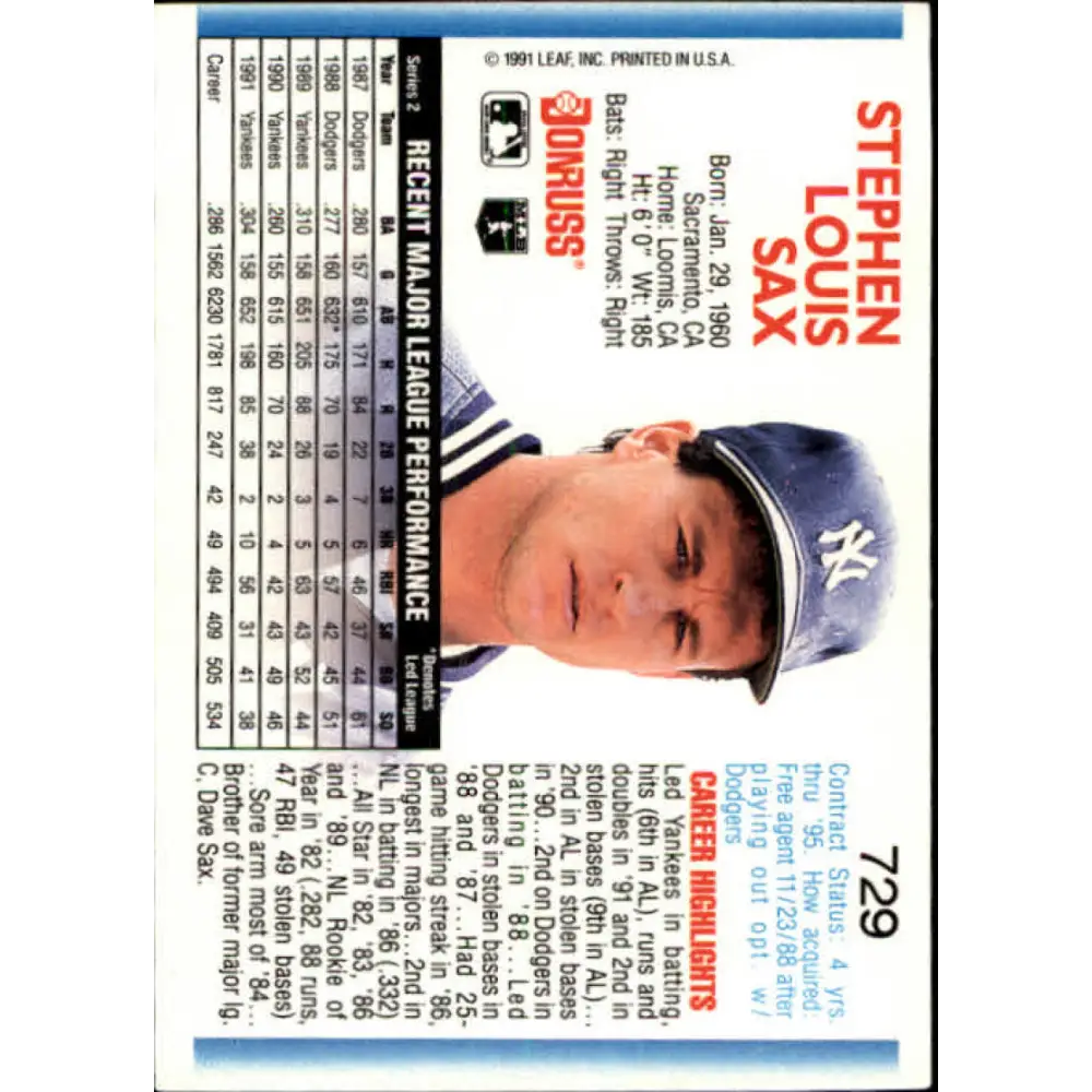 1992 Donruss #729 Steve Sax NM-MT New York Yankees Baseball Card Image 2