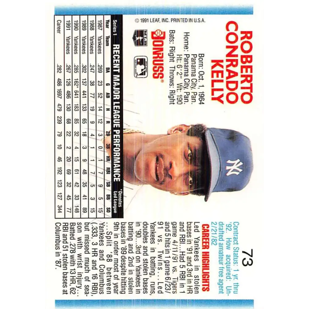 1992 Donruss #73 Roberto Kelly NM-MT New York Yankees Baseball Card Image 2