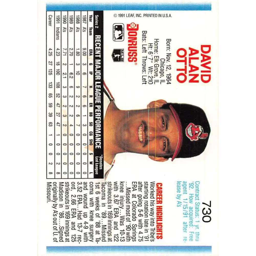 1992 Donruss #730 Dave Otto NM-MT Cleveland Indians Baseball Card Image 2
