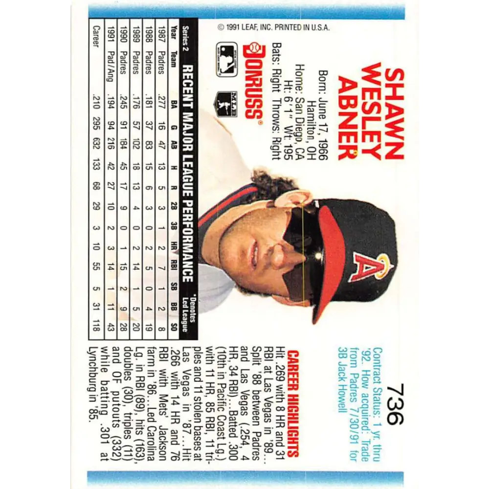 1992 Donruss #736 Shawn Abner NM-MT California Angels Baseball Card Image 2