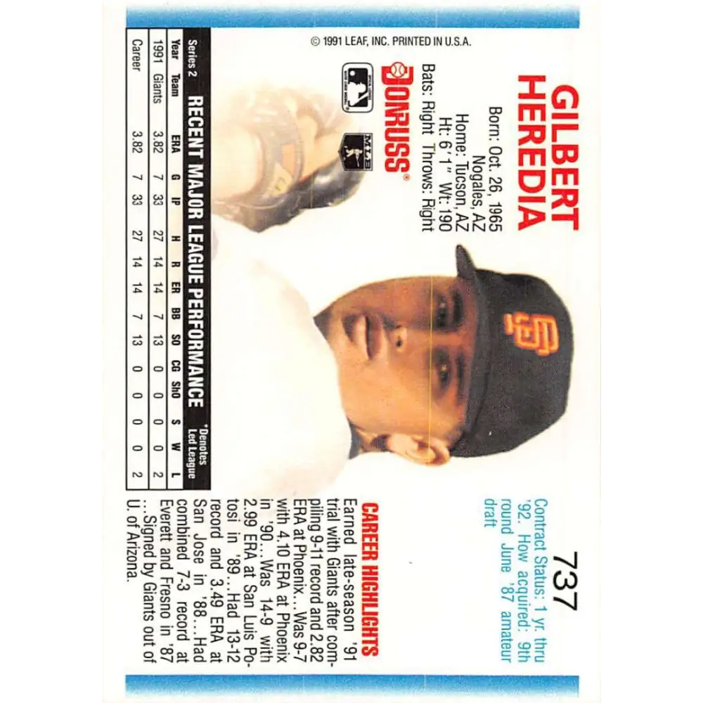 1992 Donruss #737 Gil Heredia NM-MT RC Rookie San Francisco Giants Baseball Card Image 2