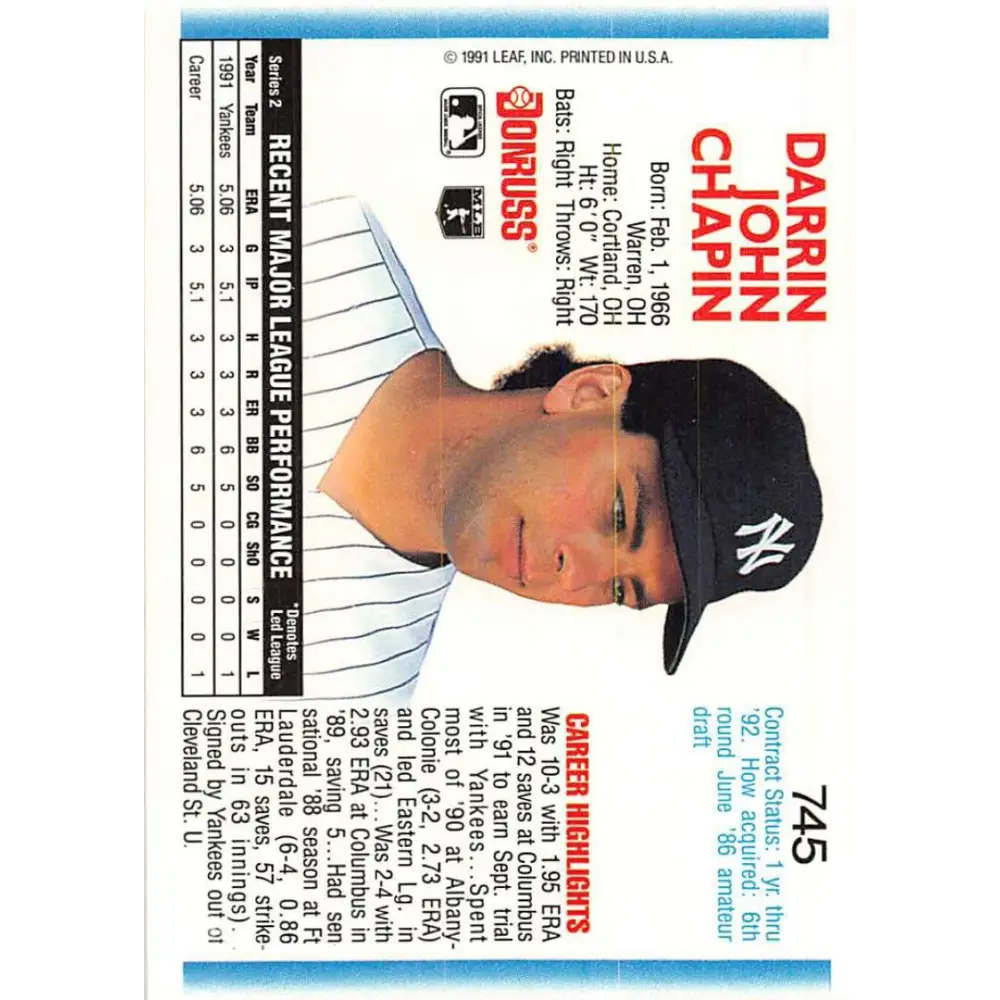 1992 Donruss #745 Darrin Chapin NM-MT RC Rookie New York Yankees Baseball Card Image 2