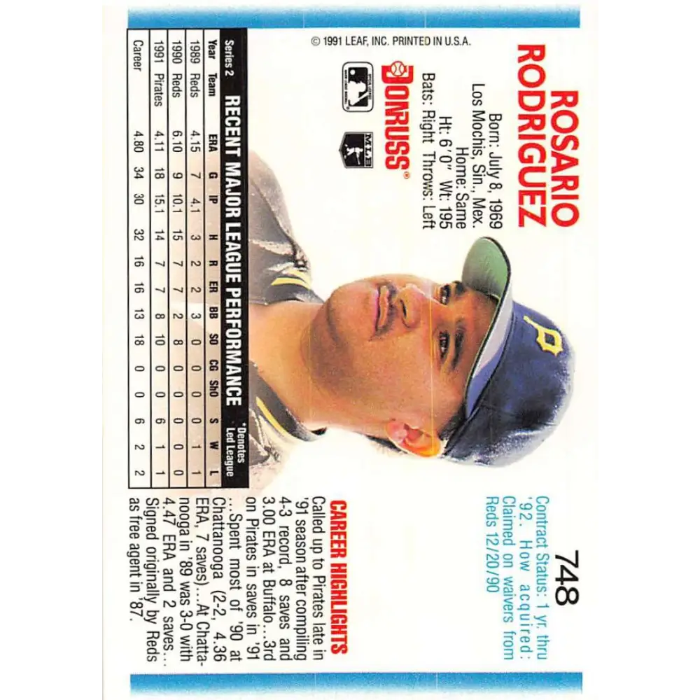 1992 Donruss #748 Rosario Rodriguez NM-MT Pittsburgh Pirates Baseball Card Image 2