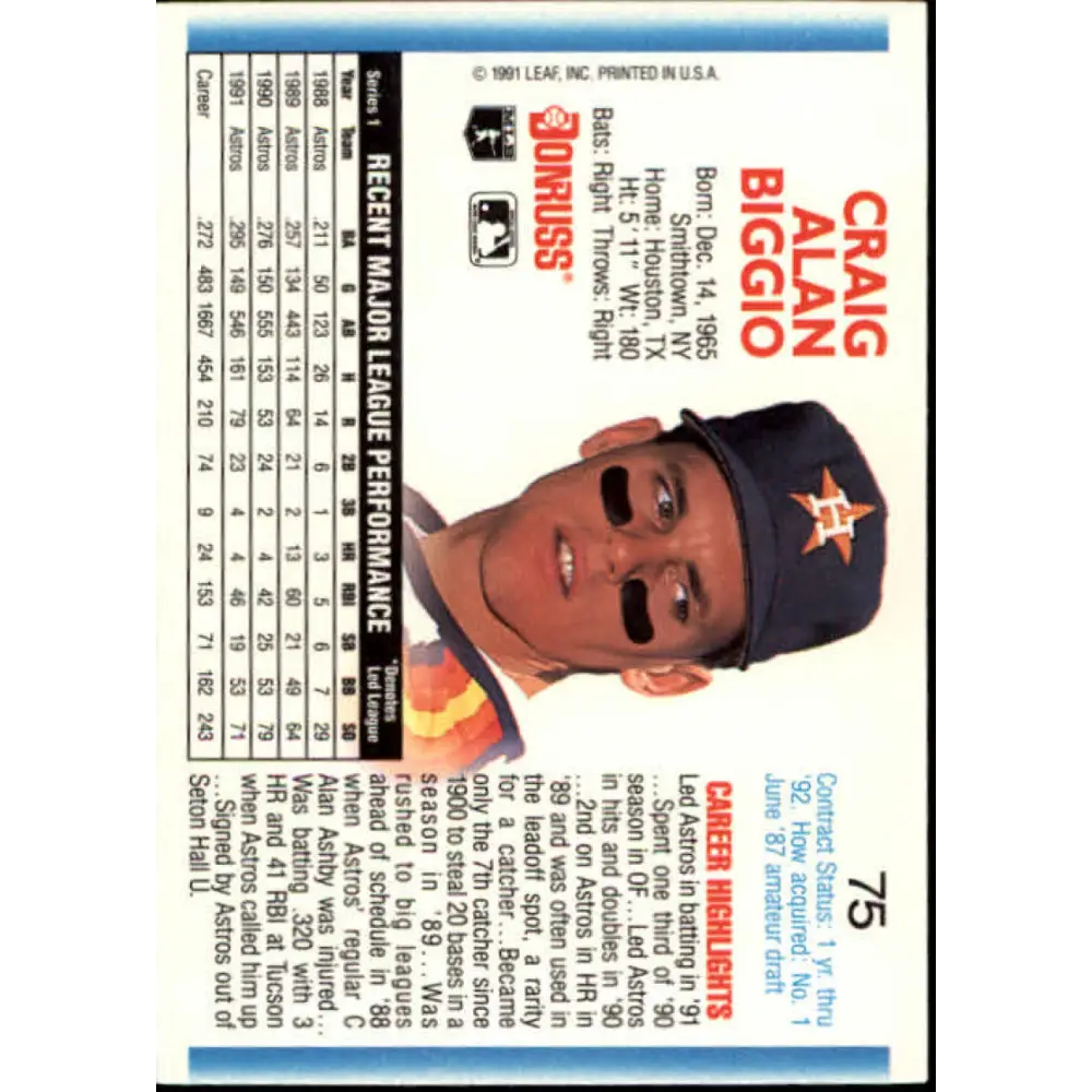 1992 Donruss #75 Craig Biggio NM-MT Houston Astros Baseball Card Image 2