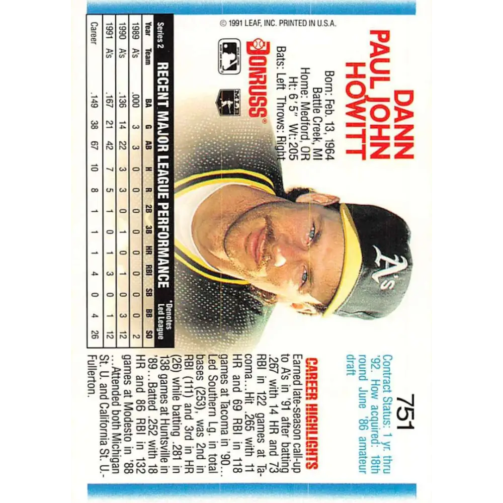 1992 Donruss #751 Dann Howitt NM-MT Oakland Athletics Baseball Card Image 2