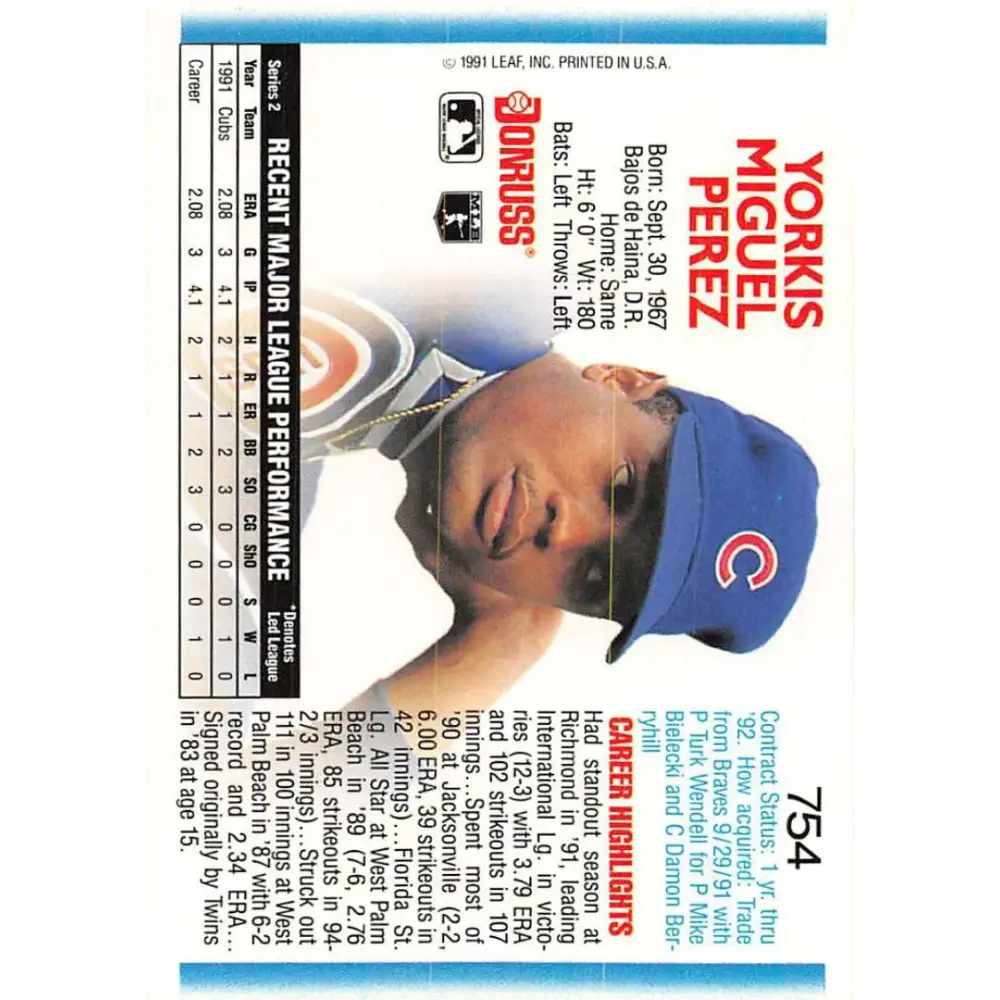 1992 Donruss #754 Yorkis Perez NM-MT Chicago Cubs Baseball Card Image 2