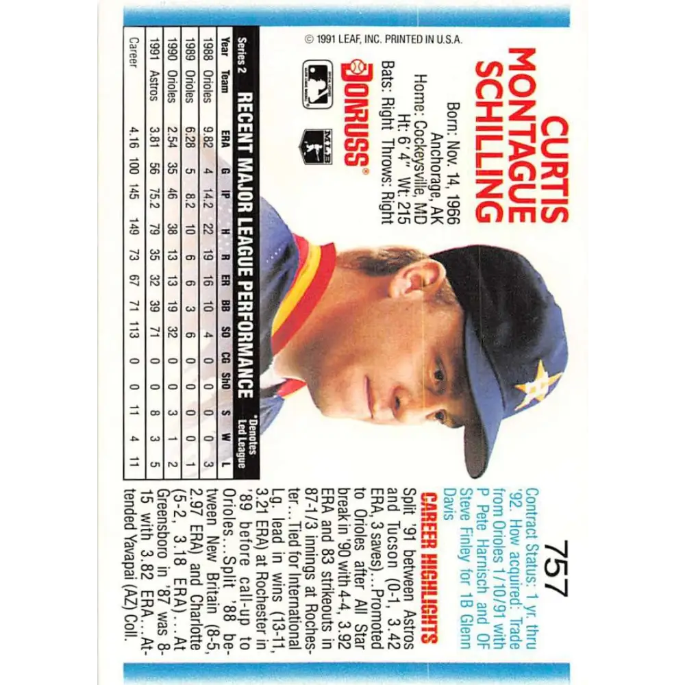 1992 Donruss #757 Curt Schilling NM-MT Houston Astros Baseball Card Image 2