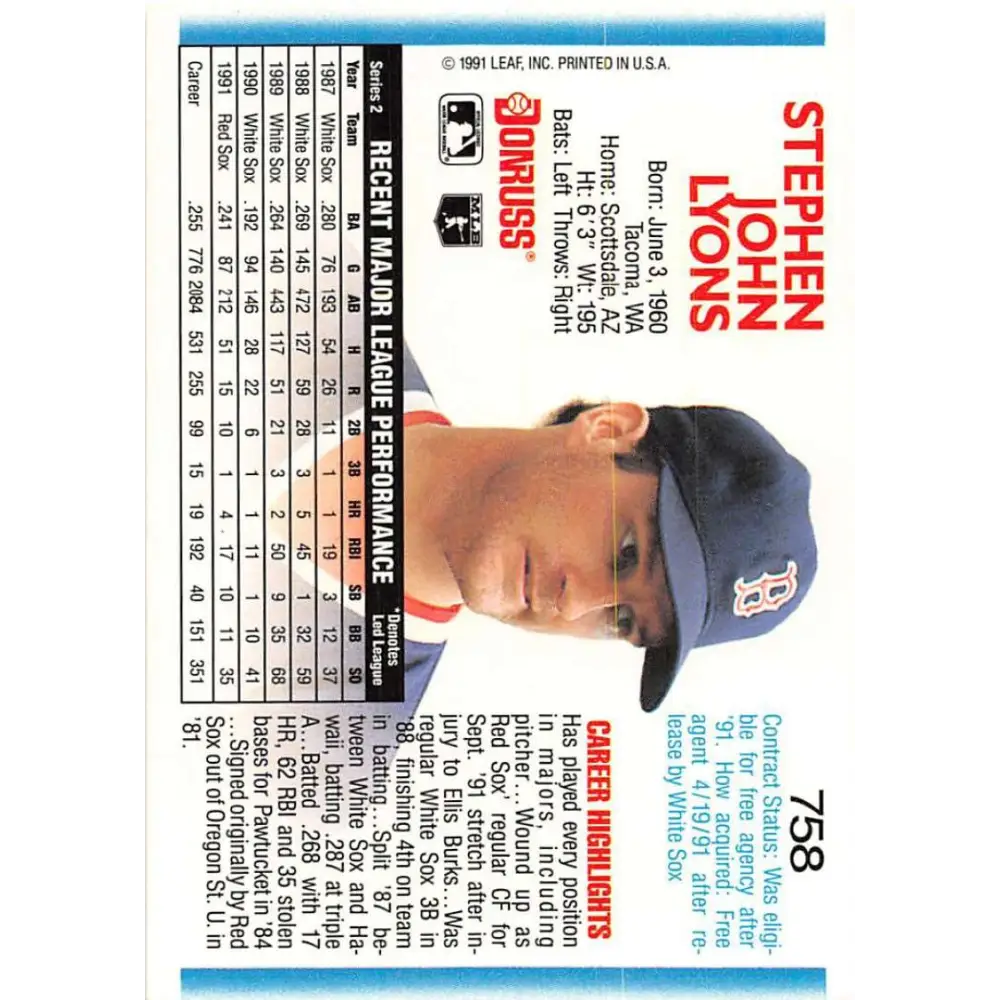 1992 Donruss #758 Steve Lyons NM-MT Boston Red Sox Baseball Card Image 2