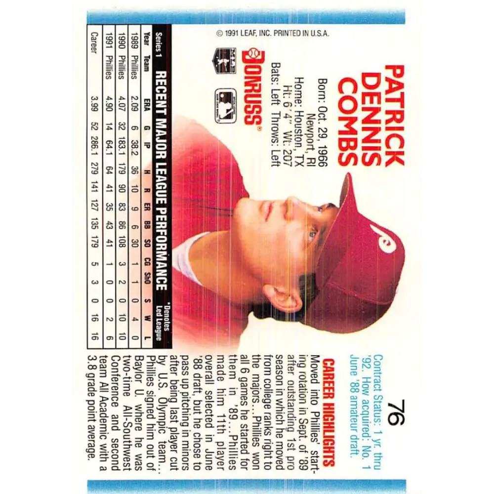 1992 Donruss #76 Pat Combs NM-MT Philadelphia Phillies Baseball Card Image 2