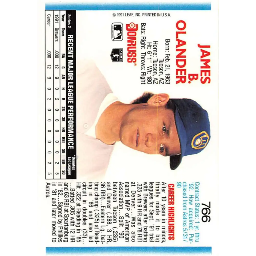 1992 Donruss #766 Jim Olander NM-MT RC Rookie Milwaukee Brewers Baseball Card Image 2