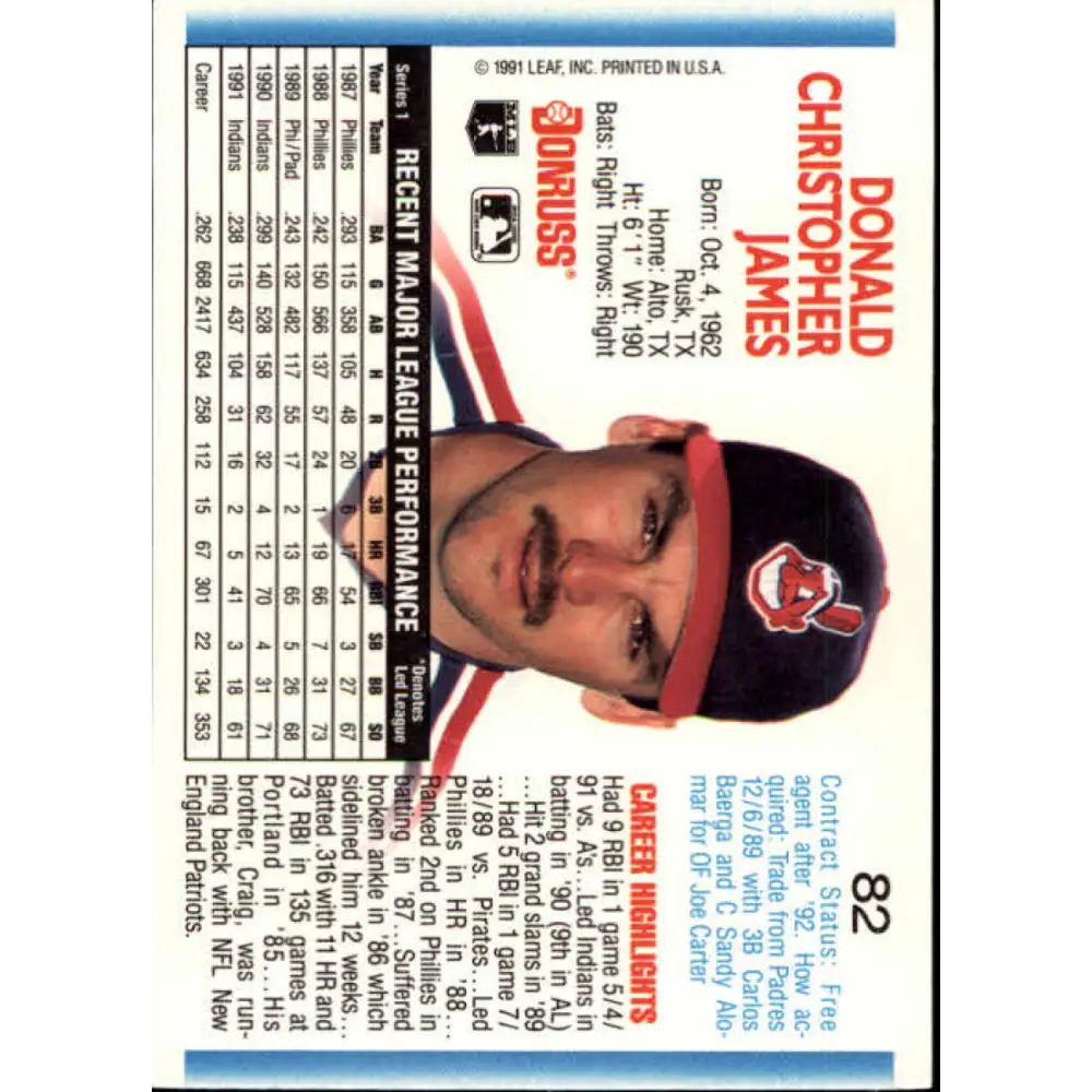 1992 Donruss #82 Chris James NM-MT Cleveland Indians Baseball Card Image 2
