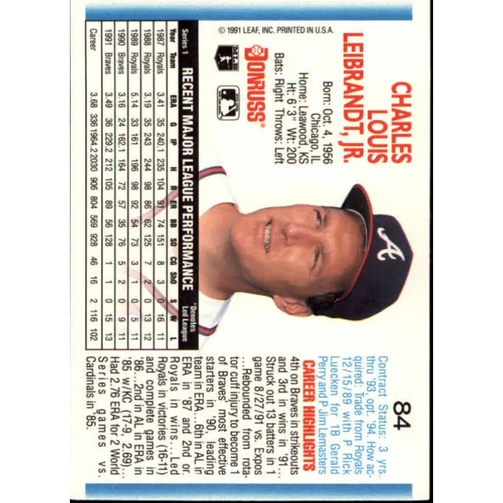1992 Donruss #84 Charlie Leibrandt NM-MT Atlanta Braves Baseball Card Image 2