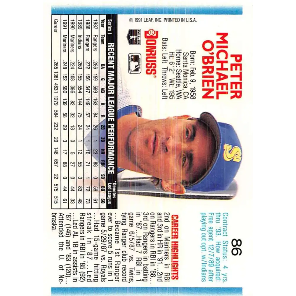 1992 Donruss #86 Pete O'Brien NM-MT Seattle Mariners Baseball Card Image 2