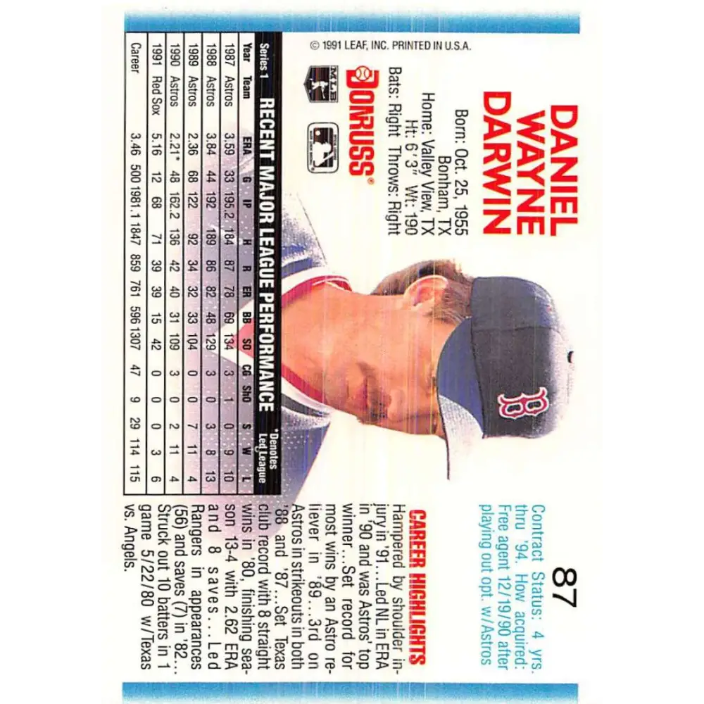 1992 Donruss #87 Danny Darwin NM-MT Boston Red Sox Baseball Card Image 2