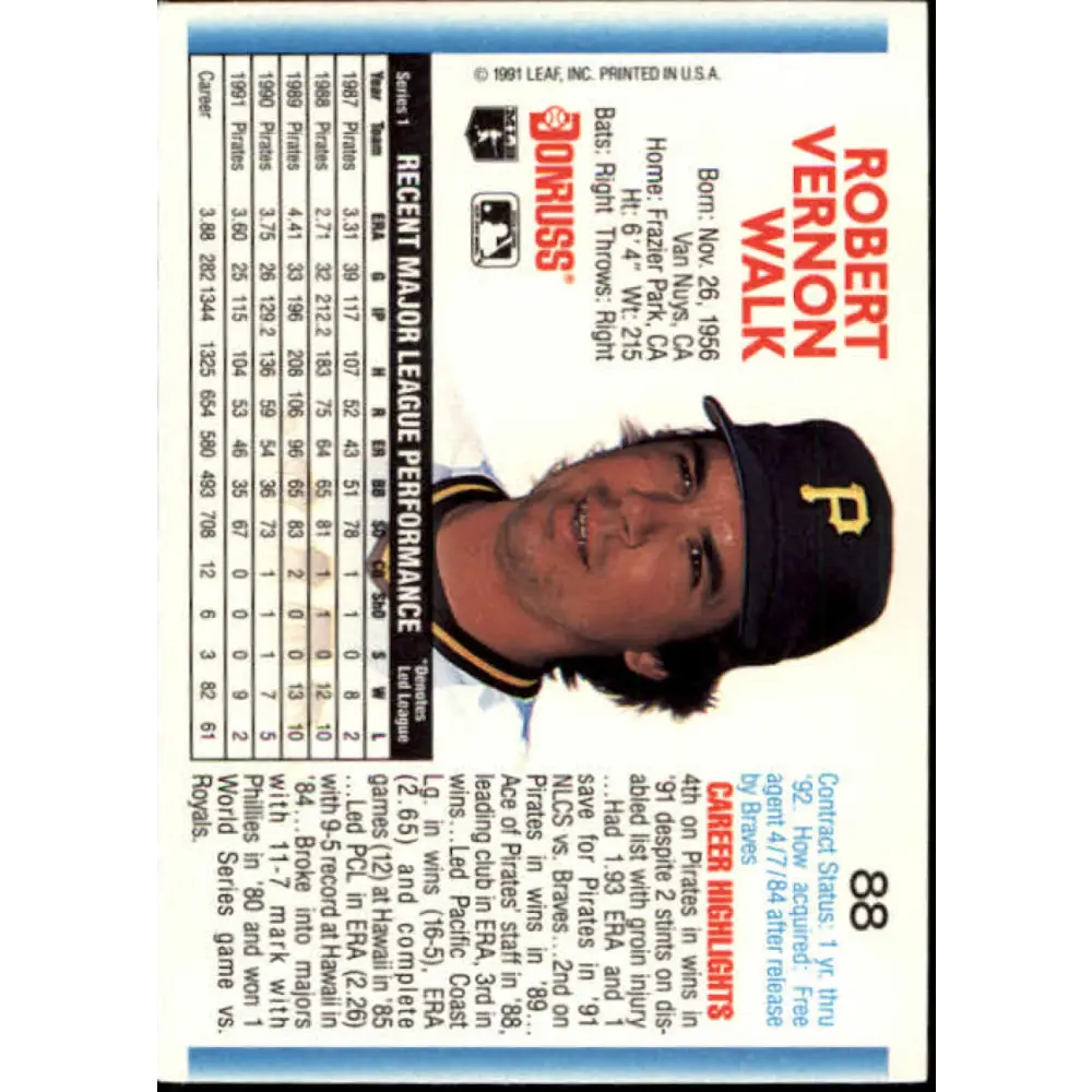 1992 Donruss #88 Bob Walk NM-MT Pittsburgh Pirates Baseball Card Image 2