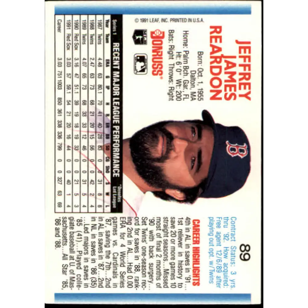 1992 Donruss #89 Jeff Reardon NM-MT Boston Red Sox Baseball Card Image 2
