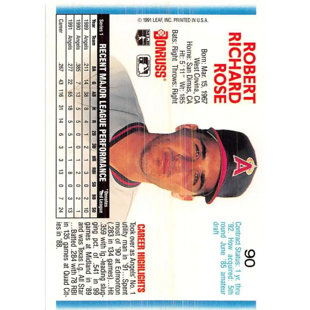 1992 Donruss #90 Bobby Rose NM-MT California Angels Baseball Card Image 2