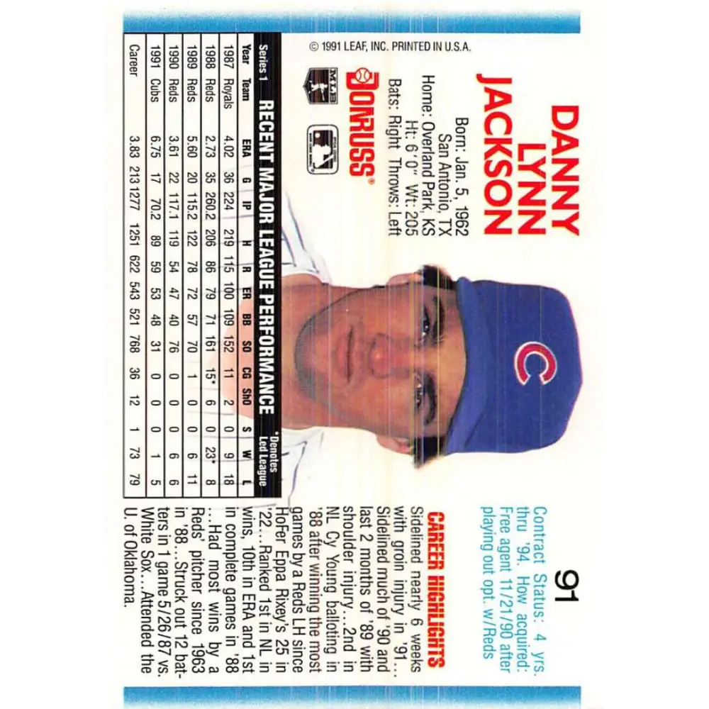 1992 Donruss #91 Danny Jackson NM-MT Chicago Cubs Baseball Card Image 2