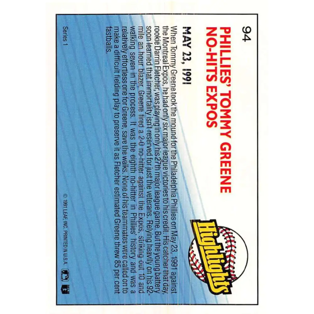 1992 Donruss #94 Tommy Greene HL NM-MT Philadelphia Phillies Baseball Card Image 2