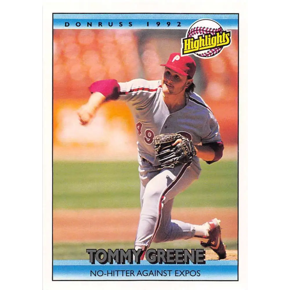 1992 Donruss #94 Tommy Greene HL NM-MT Philadelphia Phillies Baseball Card Image 1
