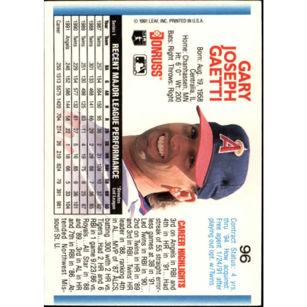 1992 Donruss #96 Gary Gaetti NM-MT California Angels Baseball Card Image 2
