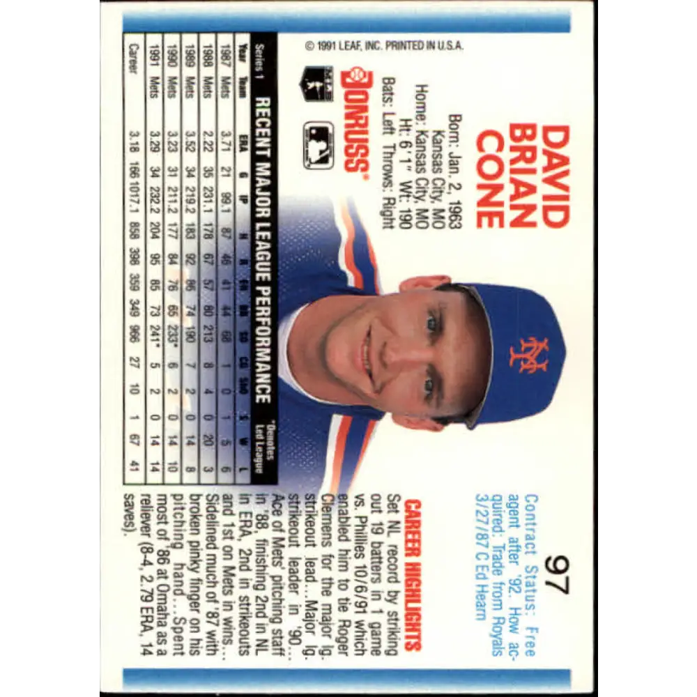 1992 Donruss #97 David Cone NM-MT New York Mets Baseball Card Image 2