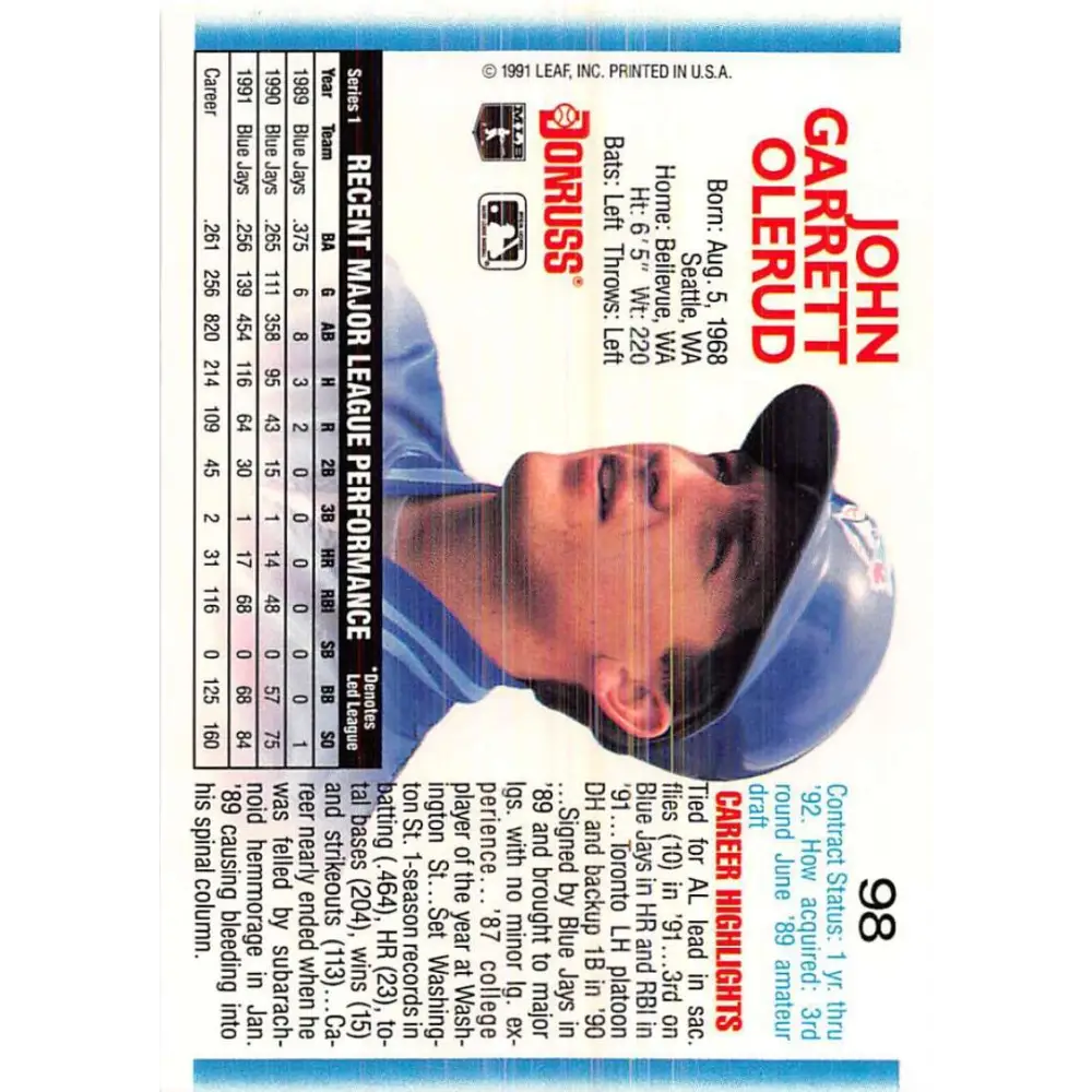 1992 Donruss #98 John Olerud NM-MT Toronto Blue Jays Baseball Card Image 2