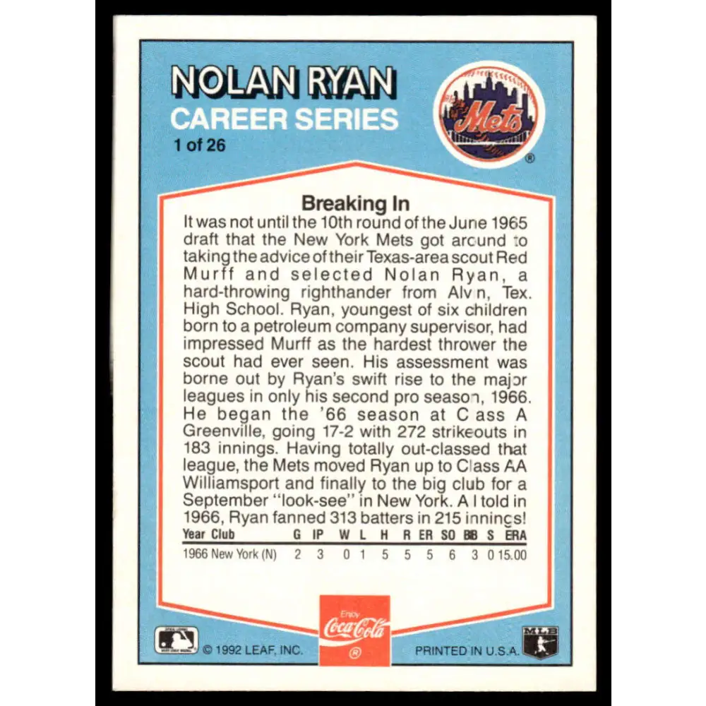 1992 Donruss Coca-Cola Nolan Ryan #1 Nolan Ryan EX/NM New York Mets Baseball Card Image 2