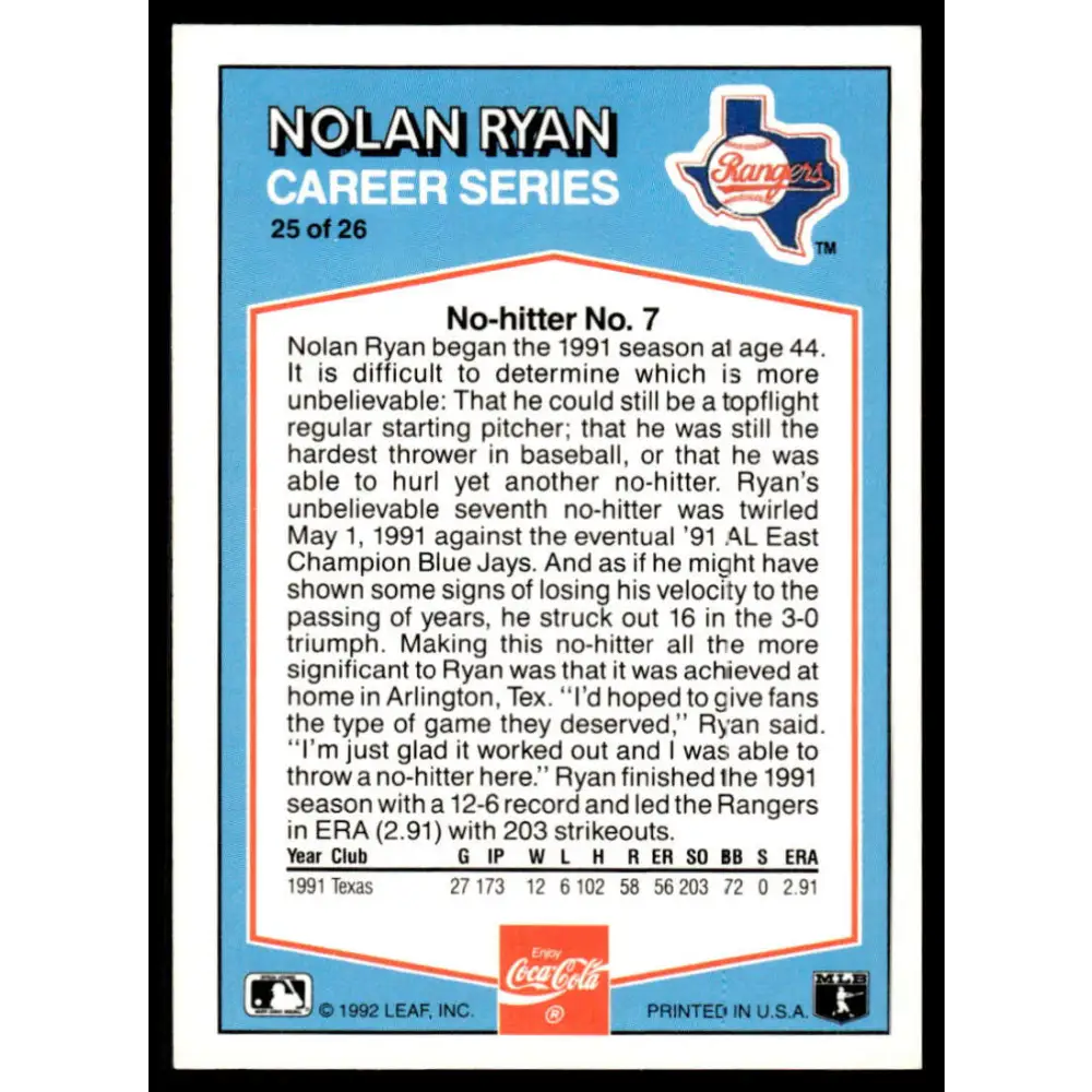 1992 Donruss Coca-Cola Nolan Ryan #25 Nolan Ryan EX/NM Texas Rangers Baseball Card Image 2