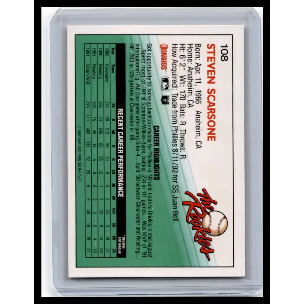 1992 Donruss The Rookies #108 Steve Scarsone NM-MT Philadelphia Phillies Baseball Card Image 2