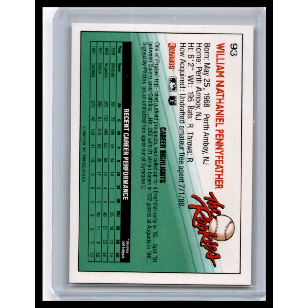 1992 Donruss The Rookies #93 Will Pennyfeather NM-MT Pittsburgh Pirates Baseball Card Image 2