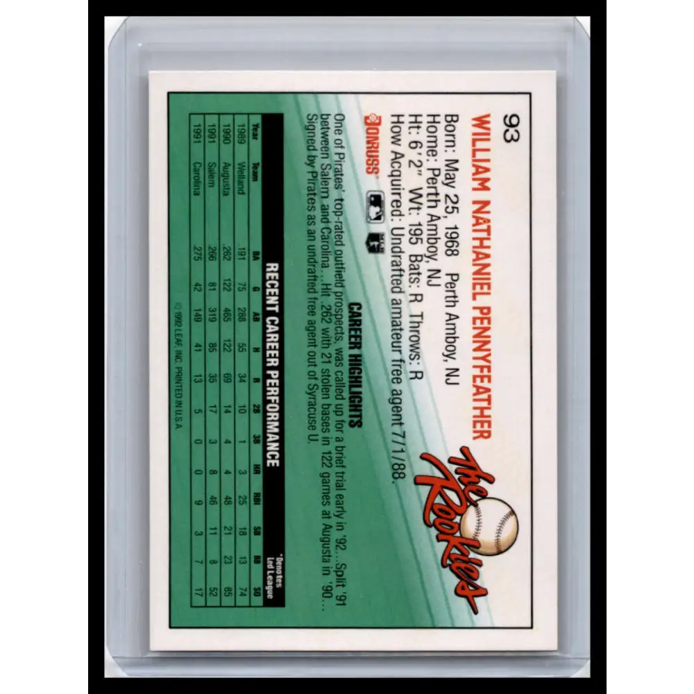 1992 Donruss The Rookies #93 Will Pennyfeather NM-MT Pittsburgh Pirates Baseball Card Image 2