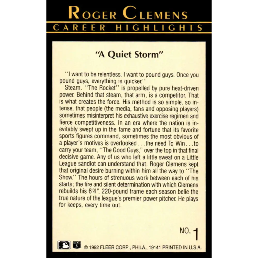 1992 Fleer #1 Roger Clemens EX/NM Boston Red Sox Baseball Card Image 2