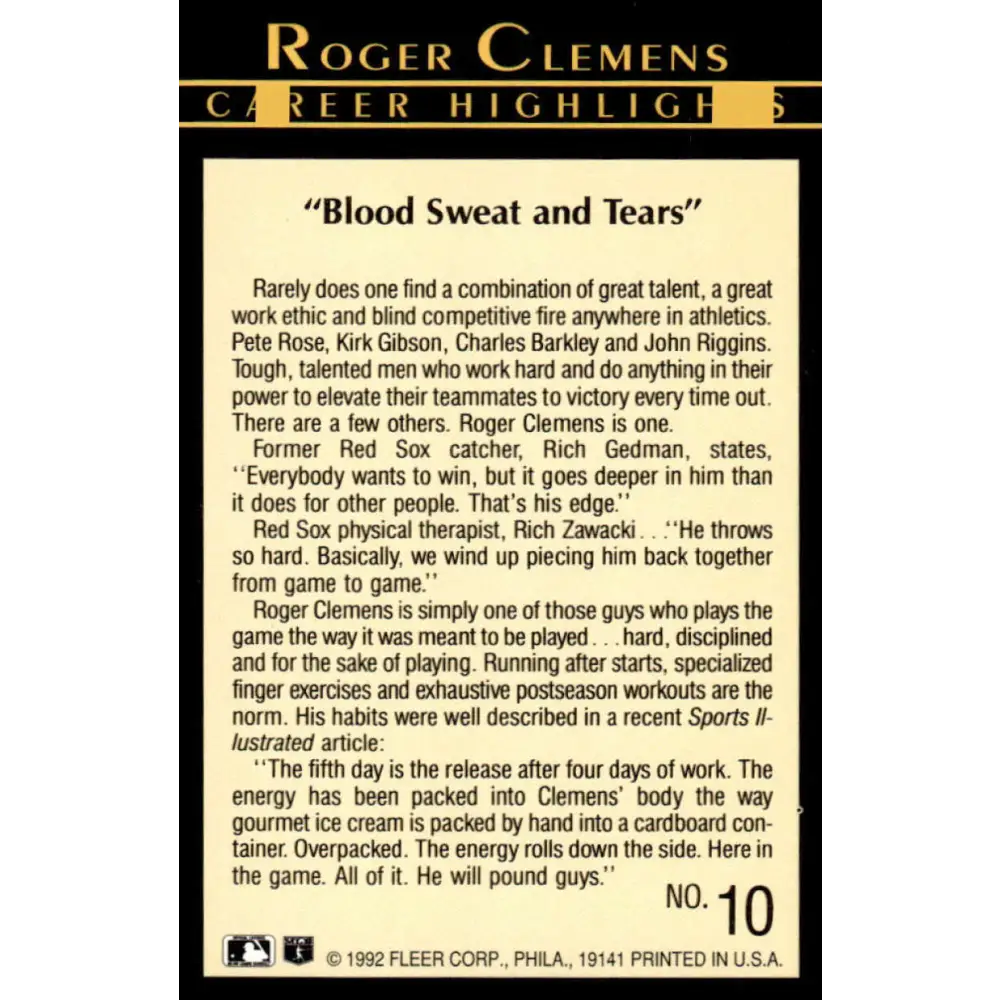 1992 Fleer #10 Roger Clemens EX/NM Boston Red Sox Baseball Card Image 2