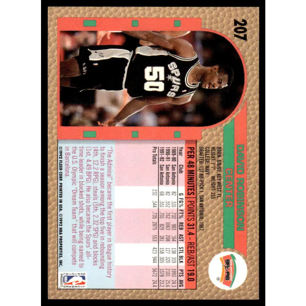 1992 Fleer #207 David Robinson NM/MT San Antonio Spurs Basketball Card Image 2