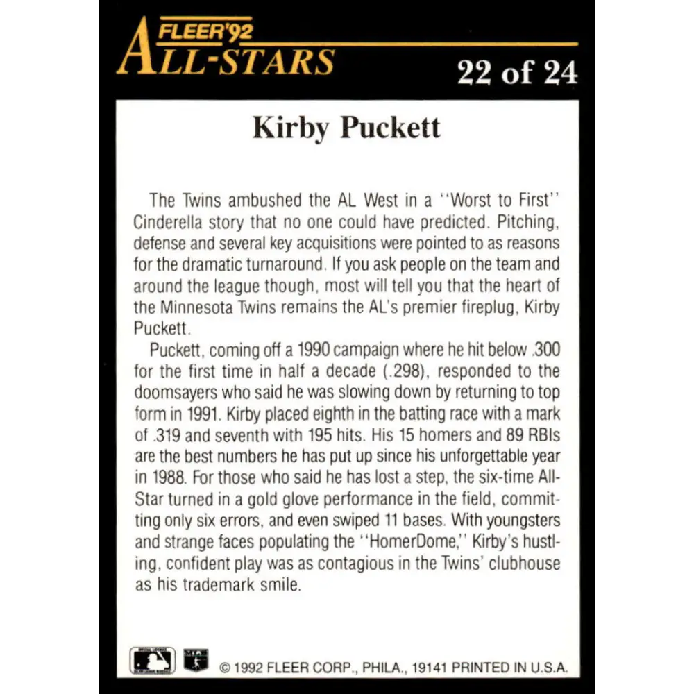 1992 Fleer #22 Kirby Puckett EX/NM Minnesota Twins Baseball Card Image 2