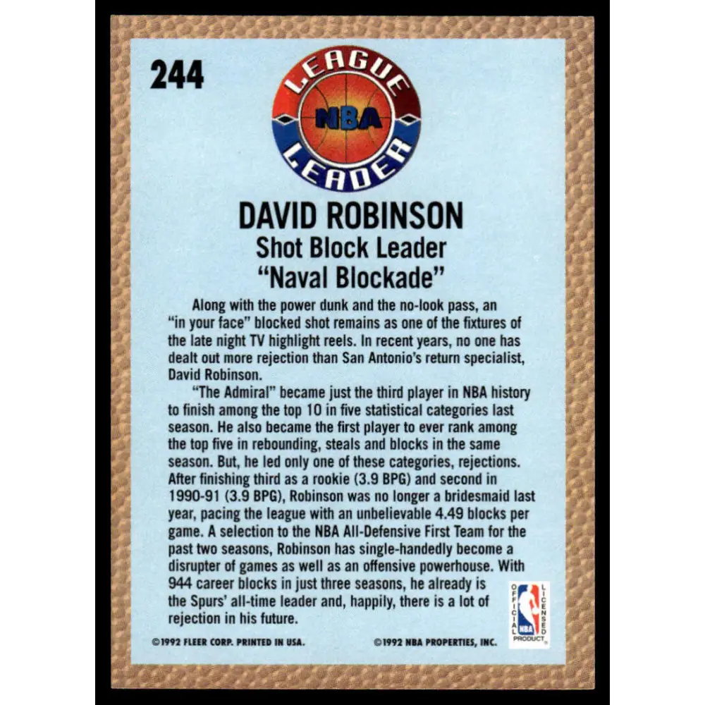 1992 Fleer #244 David Robinson NM/MT San Antonio Spurs Basketball Card Image 2