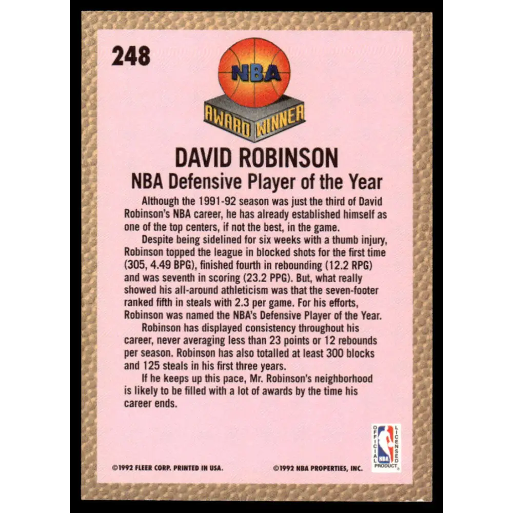 1992 Fleer #248 David Robinson NM/MT San Antonio Spurs Basketball Card Image 2
