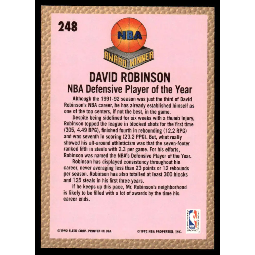 1992 Fleer #248 David Robinson NM/MT San Antonio Spurs Basketball Card Image 2